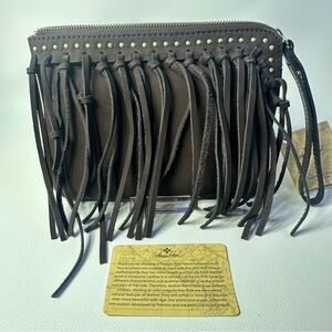 NEW WOMEN’S PATRICIA NASH CASSINI BROWN SUEDE FRINGE WRISTLET CLUTCH BAG